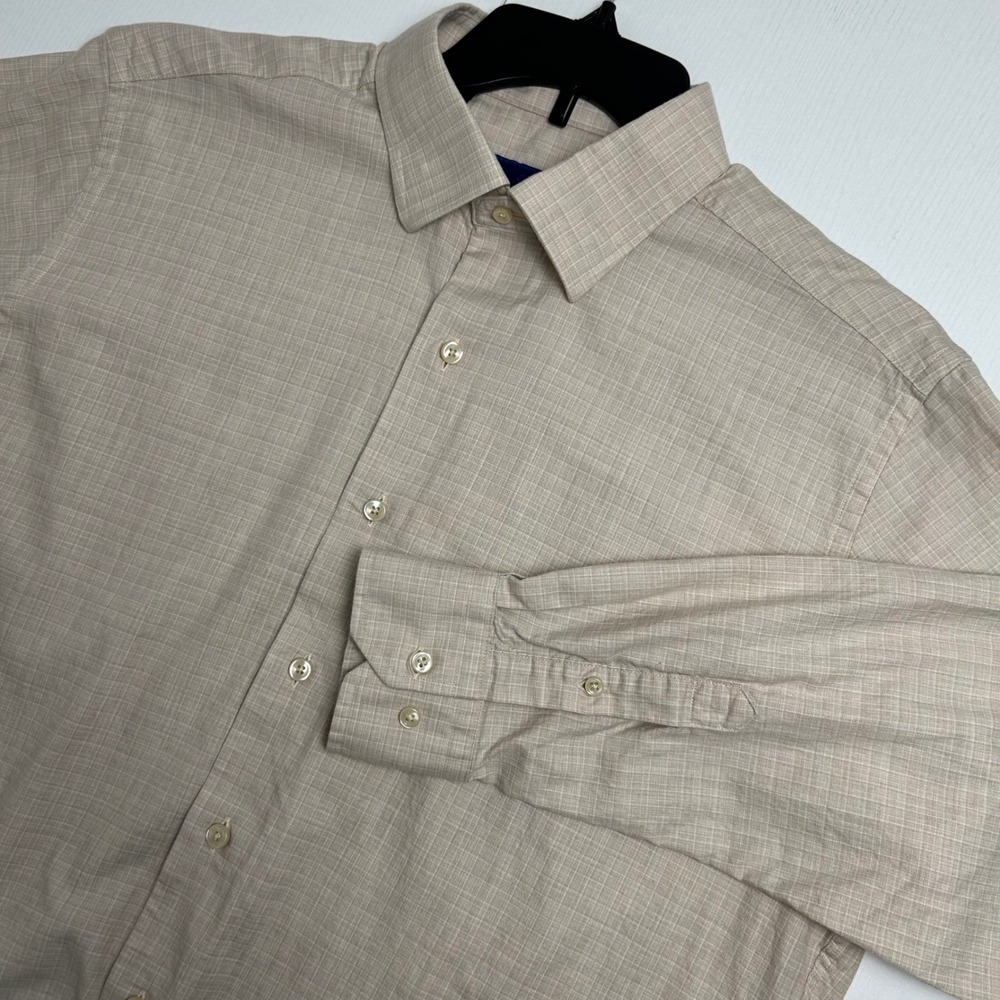 David Donahue Mens Tan Micro Grid Cotton Button Down Shirt Large Long Sleeve